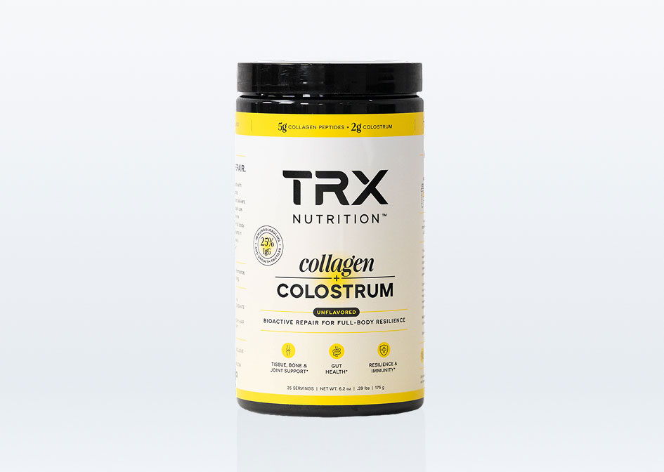 TRX Nutrition collagen colostrum supplement container with a black lid and yellow label.