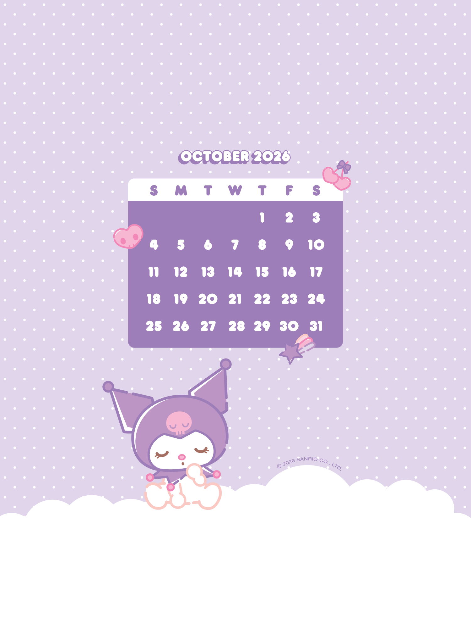 A pastel purple October 2026 calendar page featuring a cartoon character with a purple hat and pink bow, set against a polka-dotted lavender background with white clouds at the bottom.