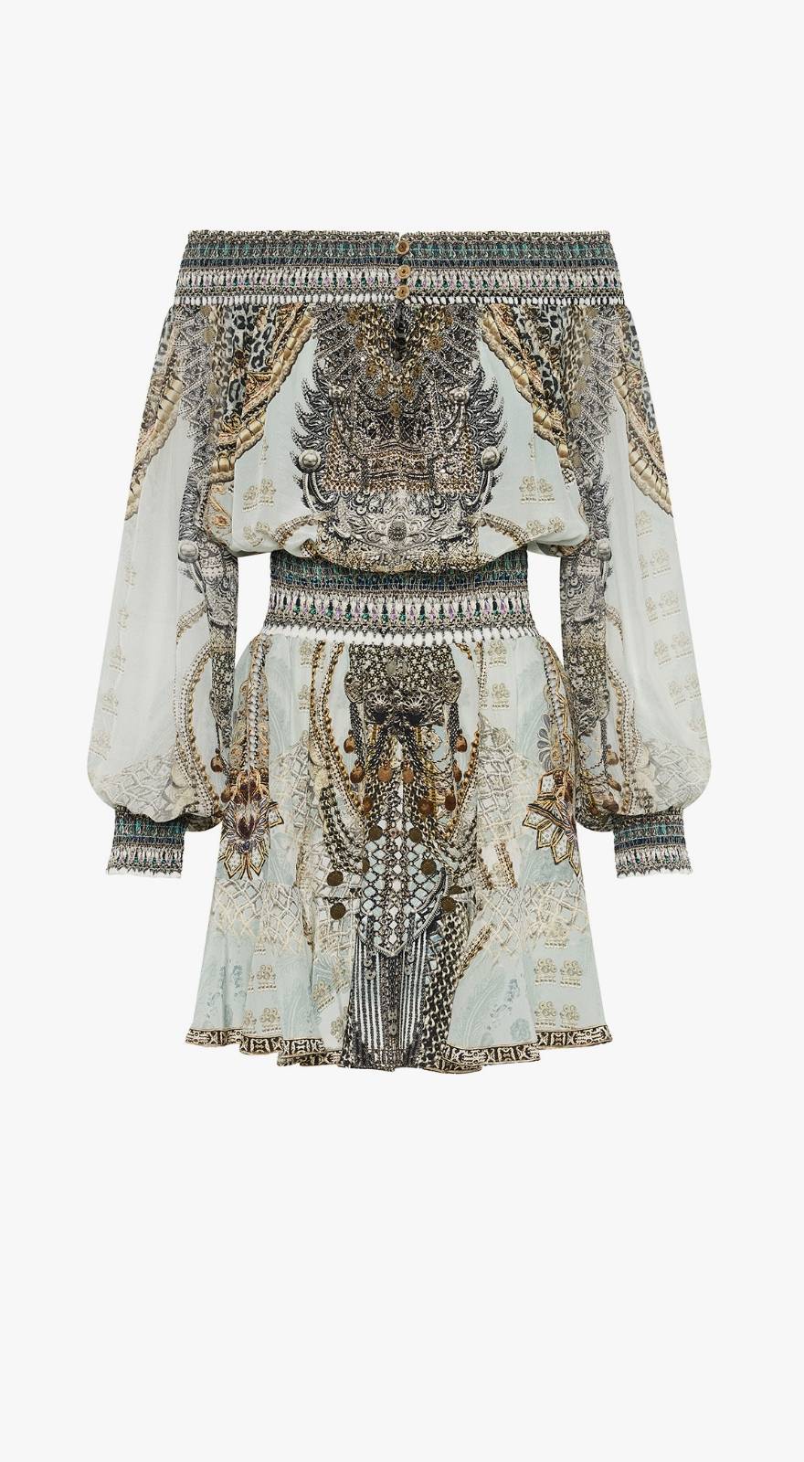 new season CAMILLA white with gold and grey detailing mini dress with long sleeves and off shoulder shirring detail