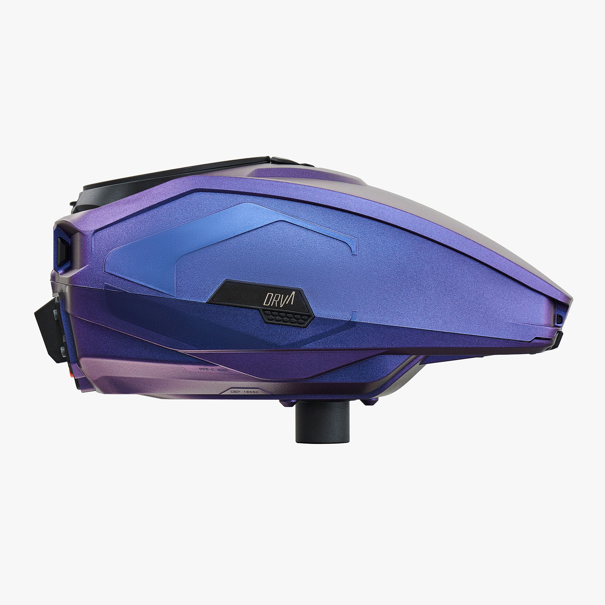 A purple and blue paintball hopper viewed from the side.