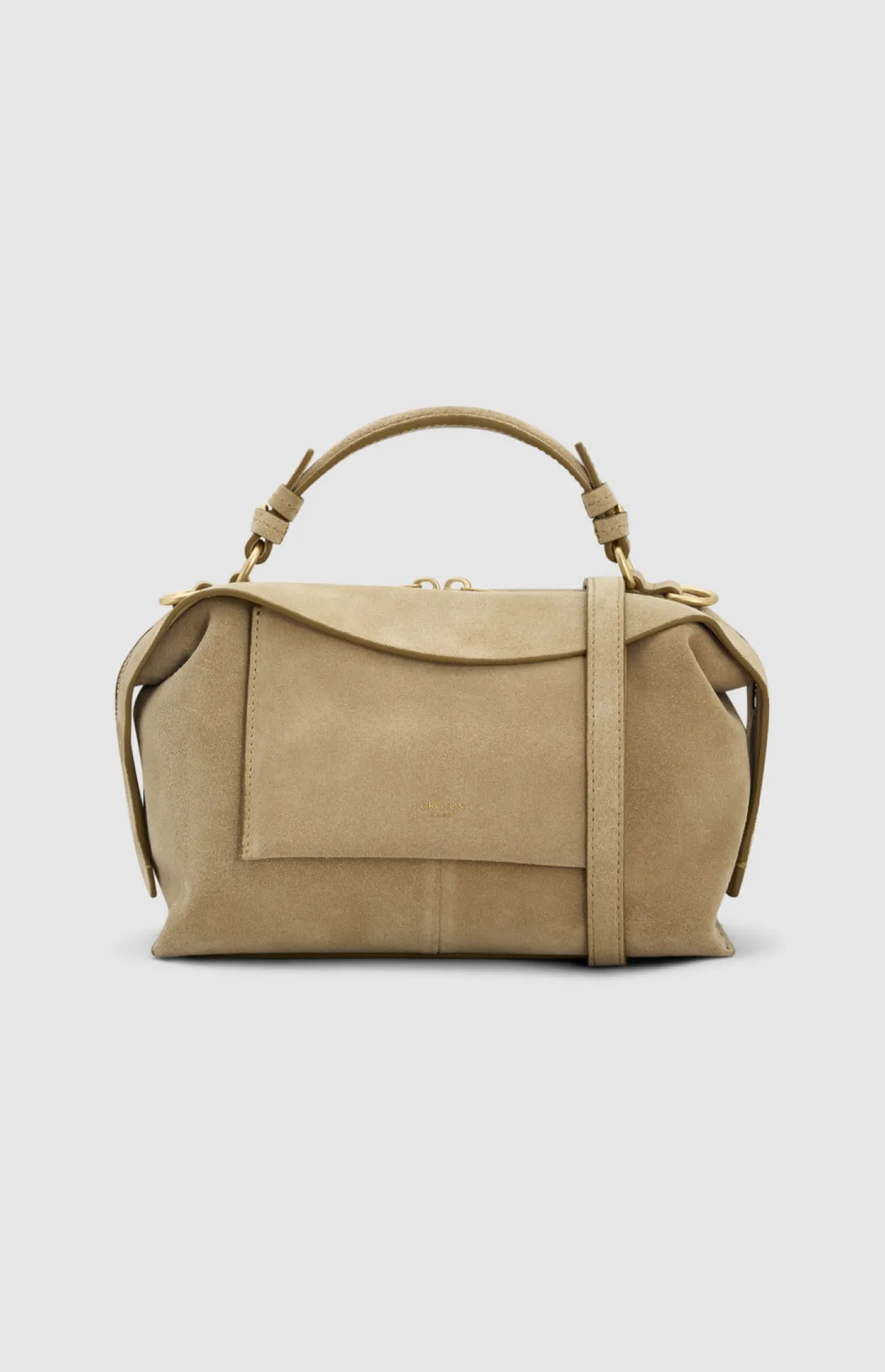 Beige handbag with a structured design and top handle.