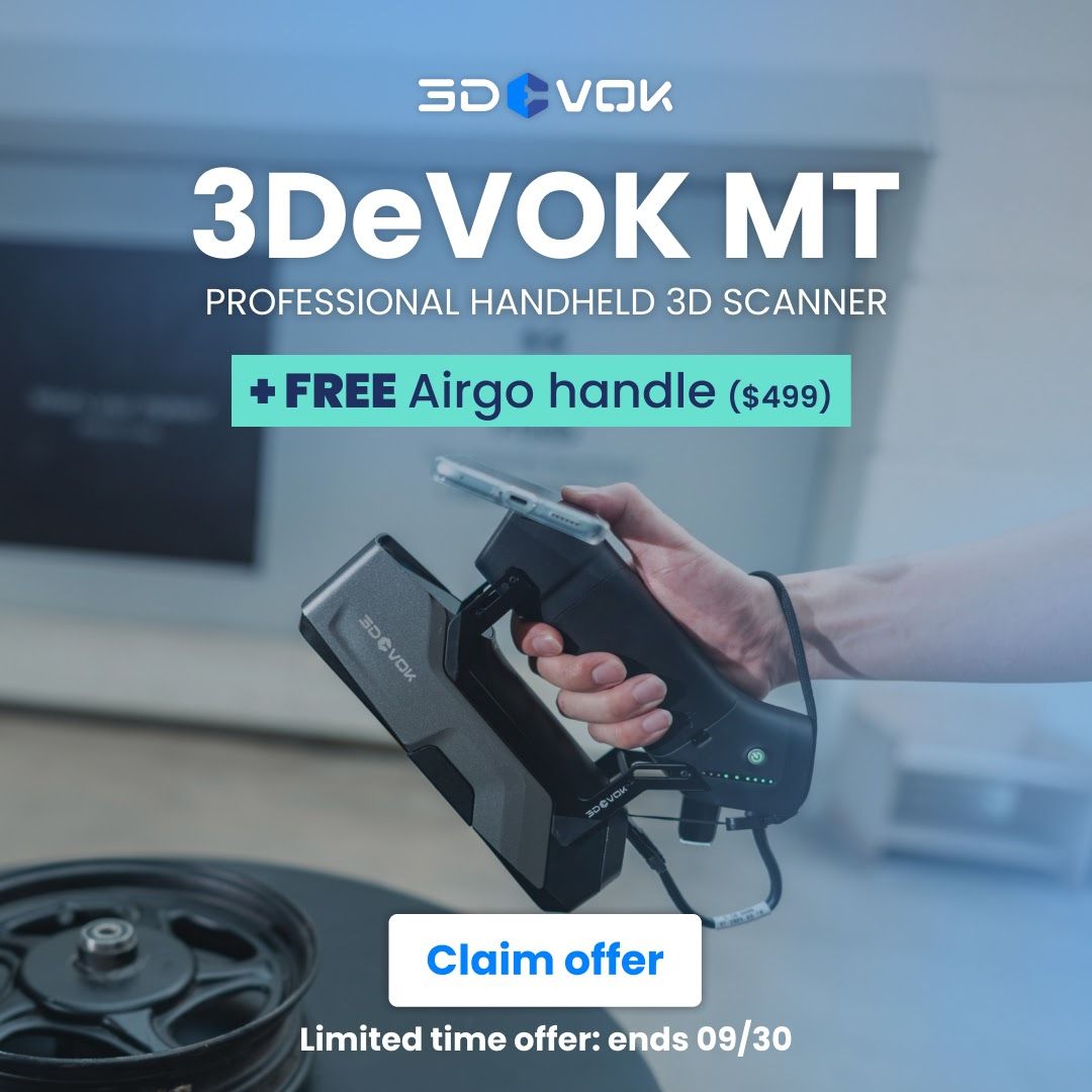 Professional handheld 3D scanner promotion with free Airgo handle offer.