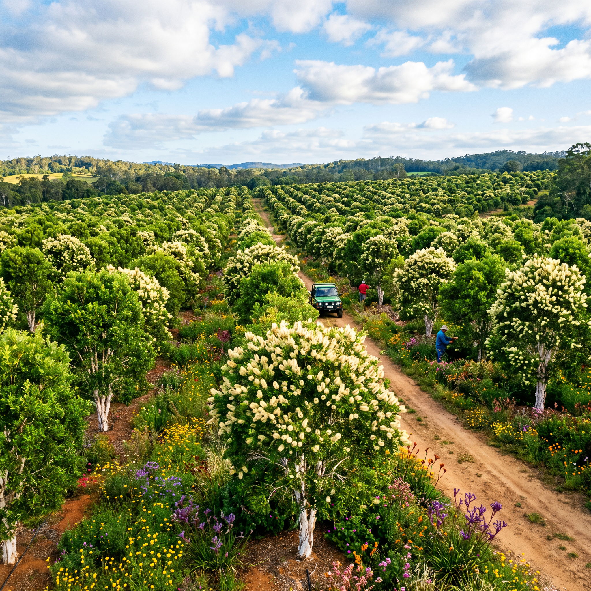 Lush orchard with flowering trees and a dirt path under a blue sky.