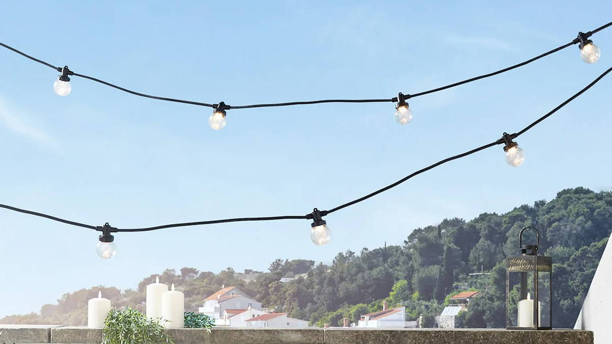 Views over the mountains with festoon lights displayed