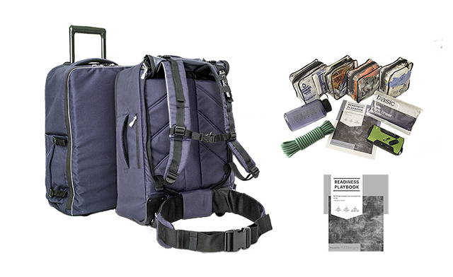 A go bag that can be worn as a backpack or wheeled, and organizational modules with supplies