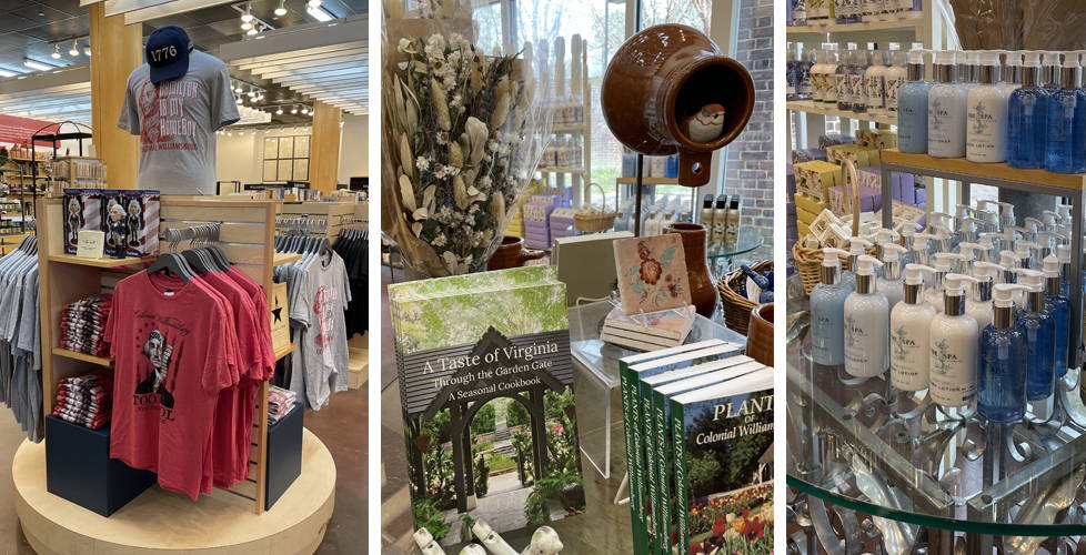 T-shirts, garden, and Williamsburg spa merchandise at Revolutions store