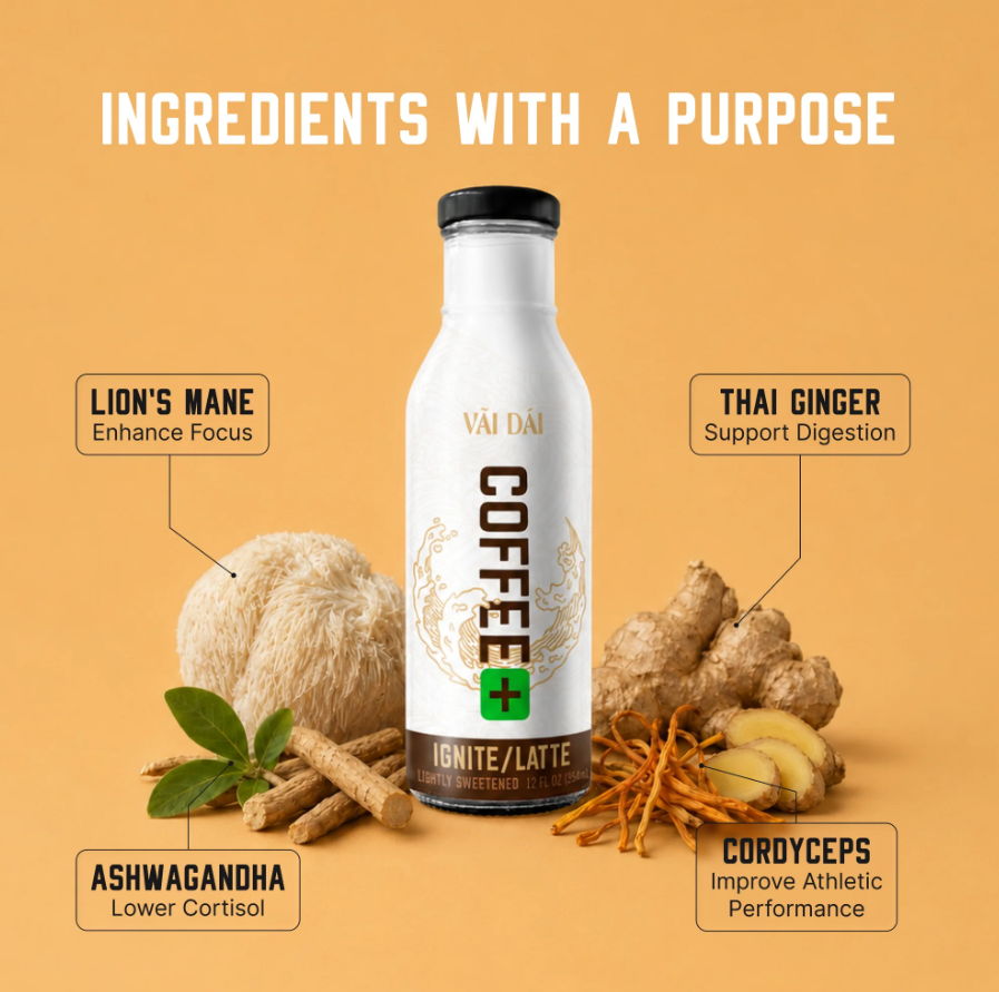 Bottle of coffee with natural ingredients listed around it.