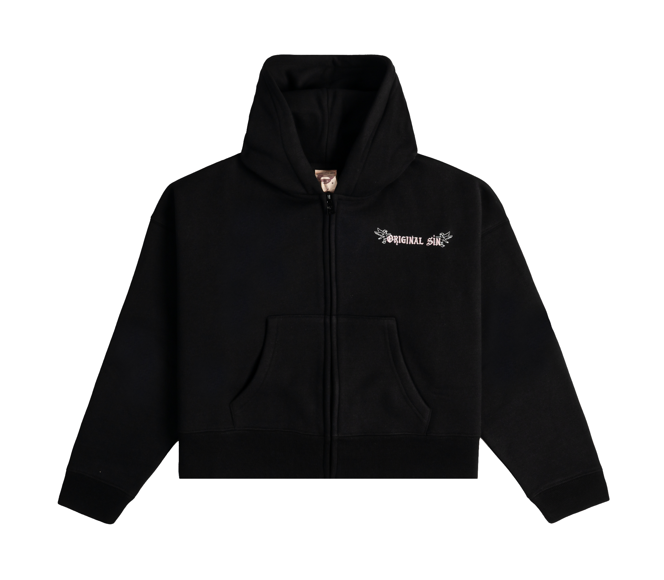 Black zip-up hoodie with a front pocket and logo on the chest.