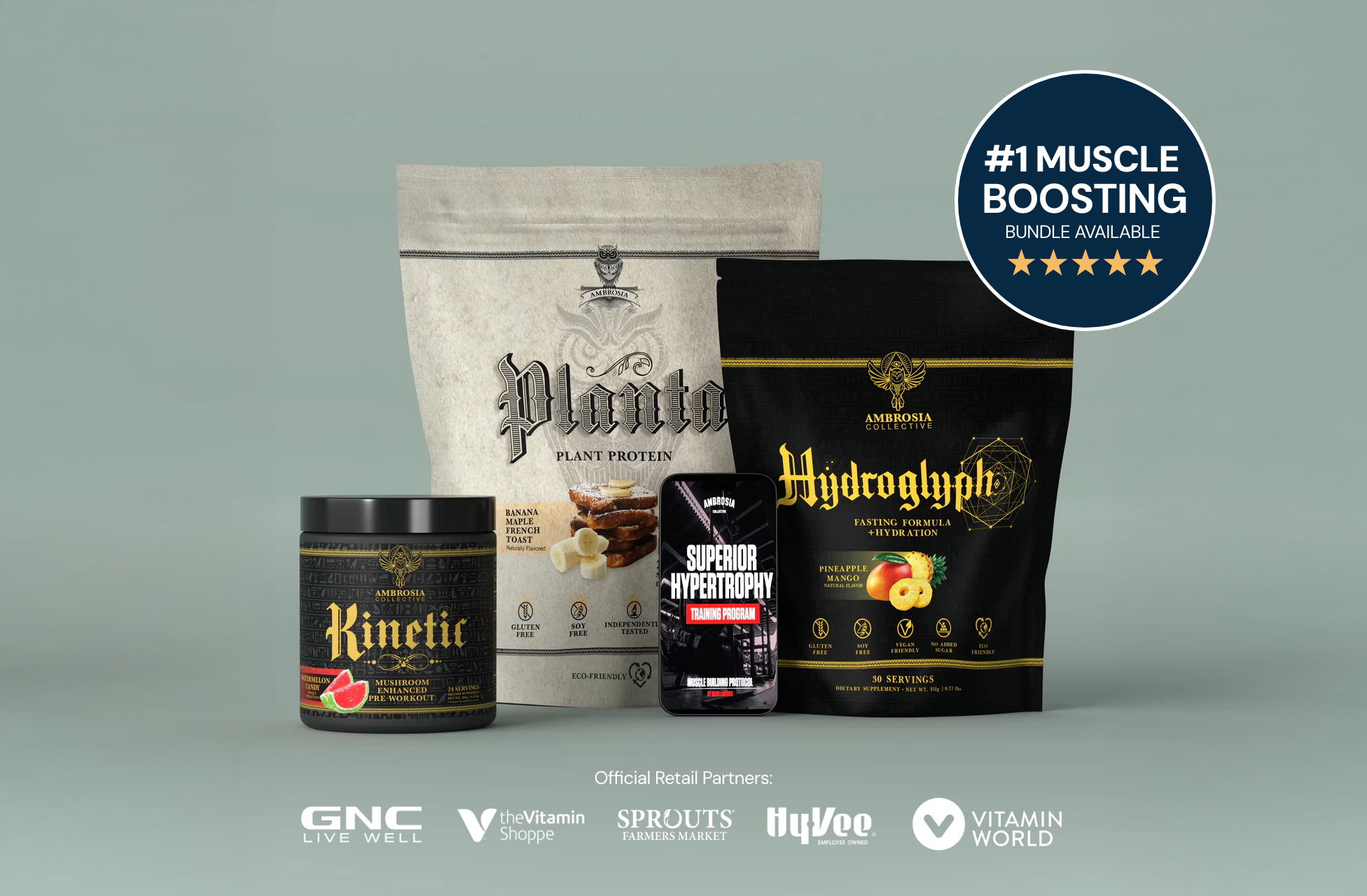 Four fitness supplement products with a blue 