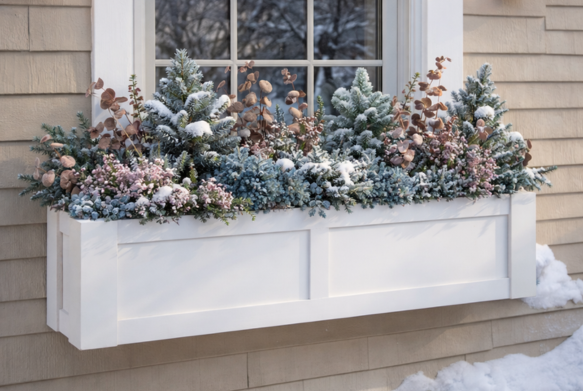 Winter window box filled with snow-dusted greenery and flowers.