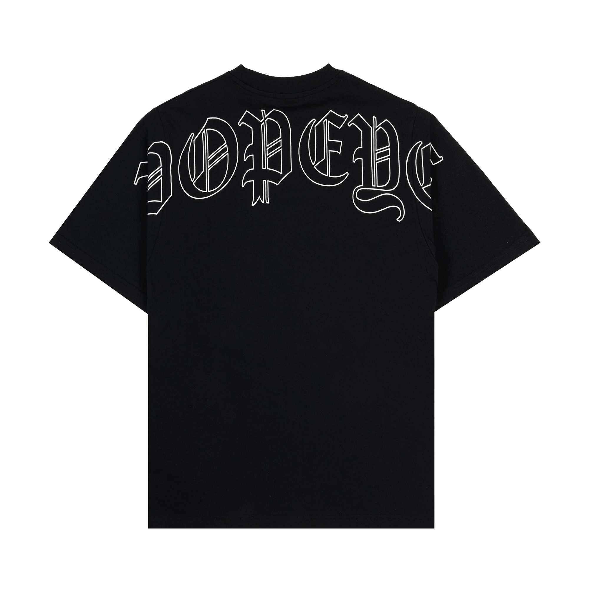 Black t-shirt with a graphic print in the center.