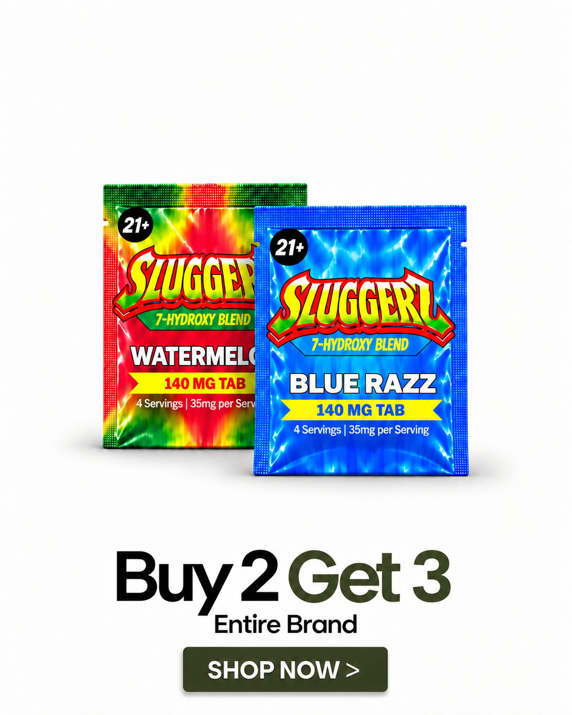 Two packets of Sluggerz candy, watermelon and blue razz flavors, promotional offer.