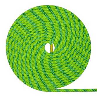 Green and blue coiled climbing rope