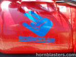 Close-up red air tank HornBlasters.com blue shocker hand logo glossy metal Will's Sweet Bicycle Shocker XL onboard air gallery photo 6