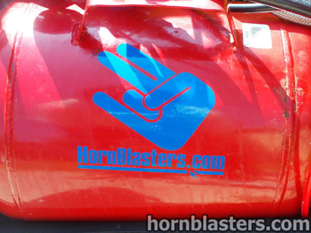 Close-up red air tank HornBlasters.com blue shocker hand logo glossy metal Will's Sweet Bicycle Shocker XL onboard air gallery photo 6