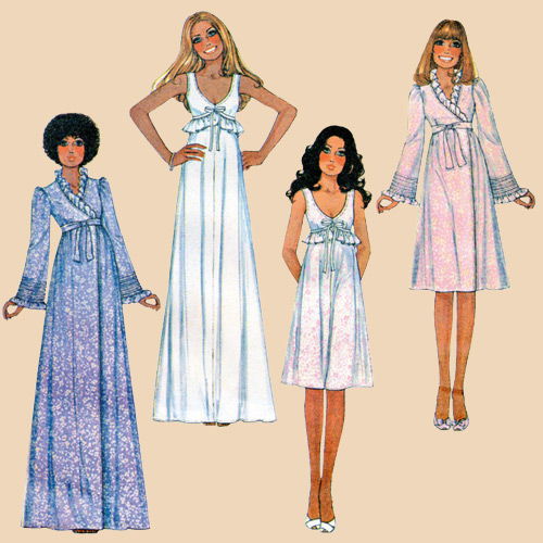 Four fashion illustrations of women in various dresses and styles.