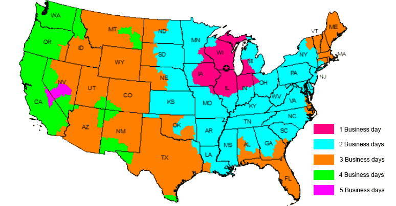Map of the United State showing estimated delivery times