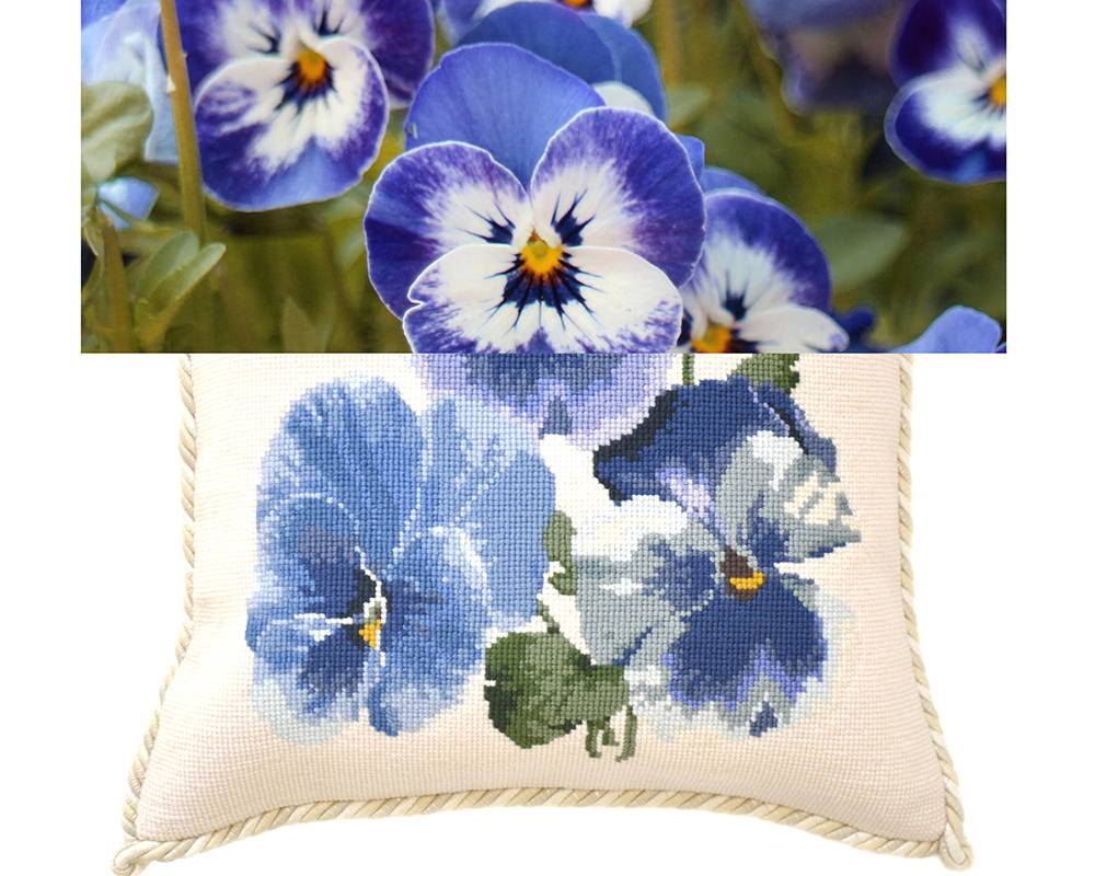 The Blooms Pansies pillows with actual pansies