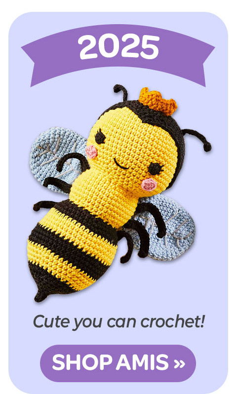 Amigurumi bee character with a crown and smiling face, text promoting crocheting. Cute you can crochet. Shop 2025 Amis. 