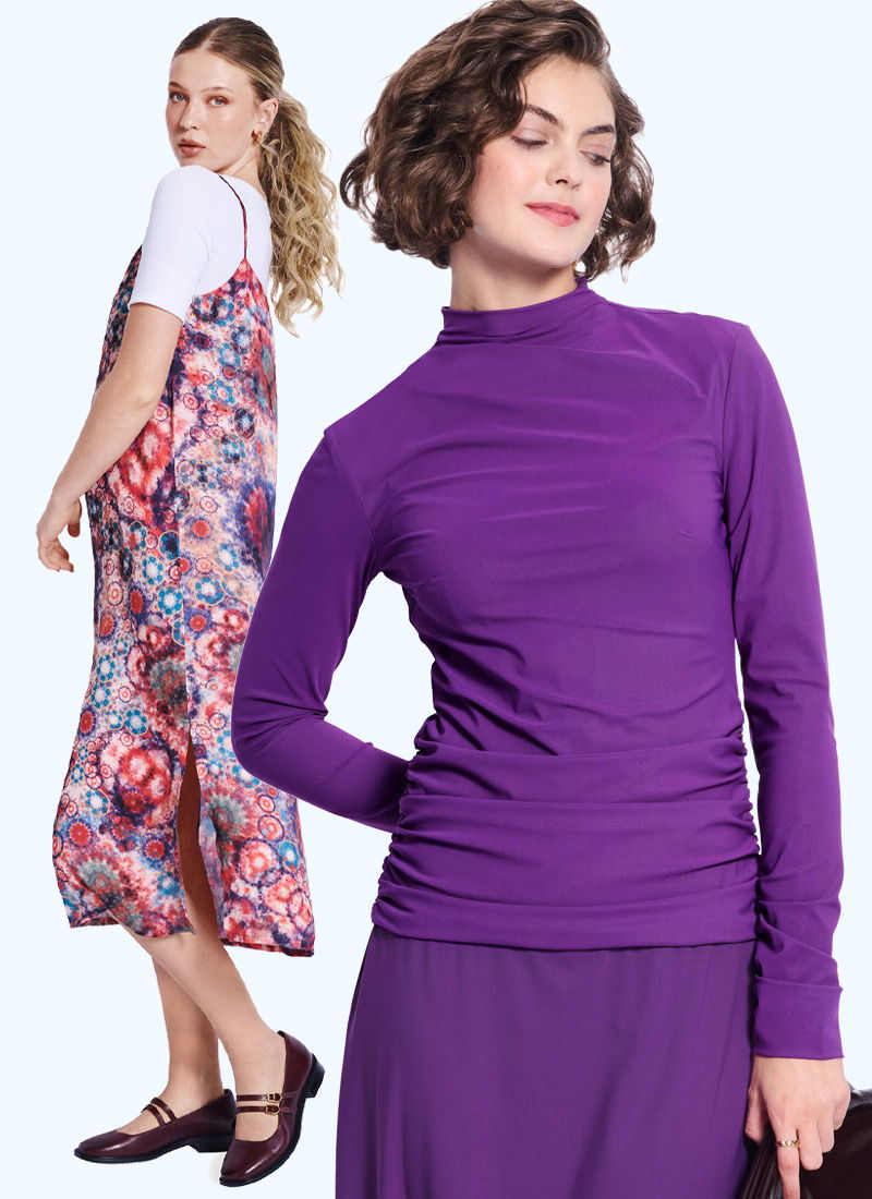 Two women modeling colorful dresses against a light background.