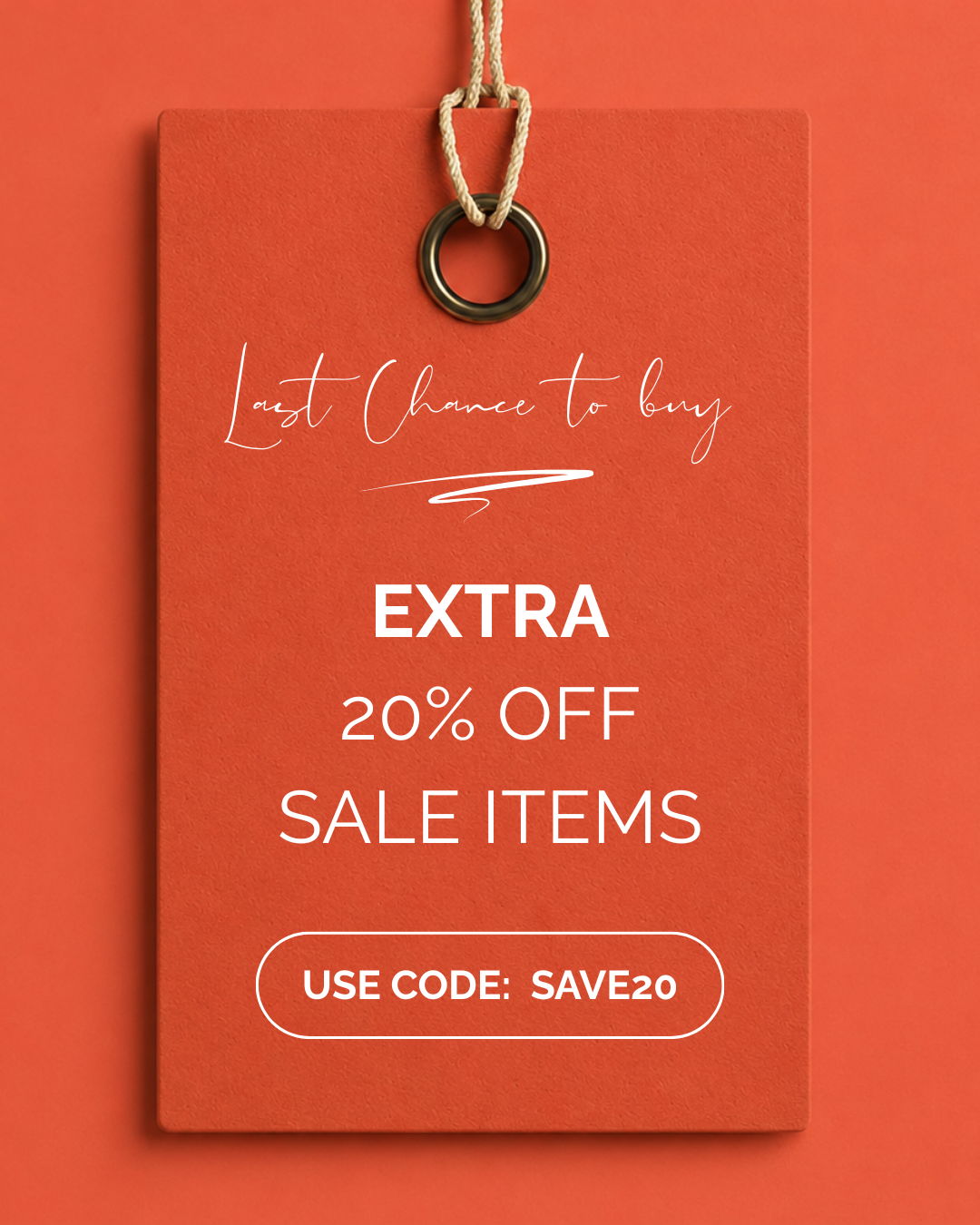 Red sale tag offering 20% off with code SAVE20. Last chance to buy.