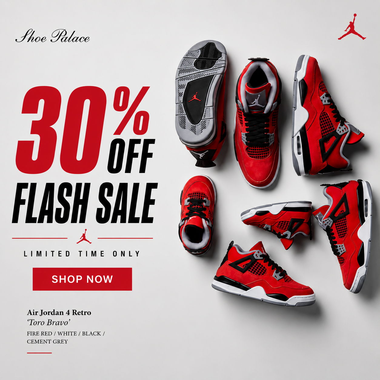Red athletic shoes with promotional text for a flash sale.
