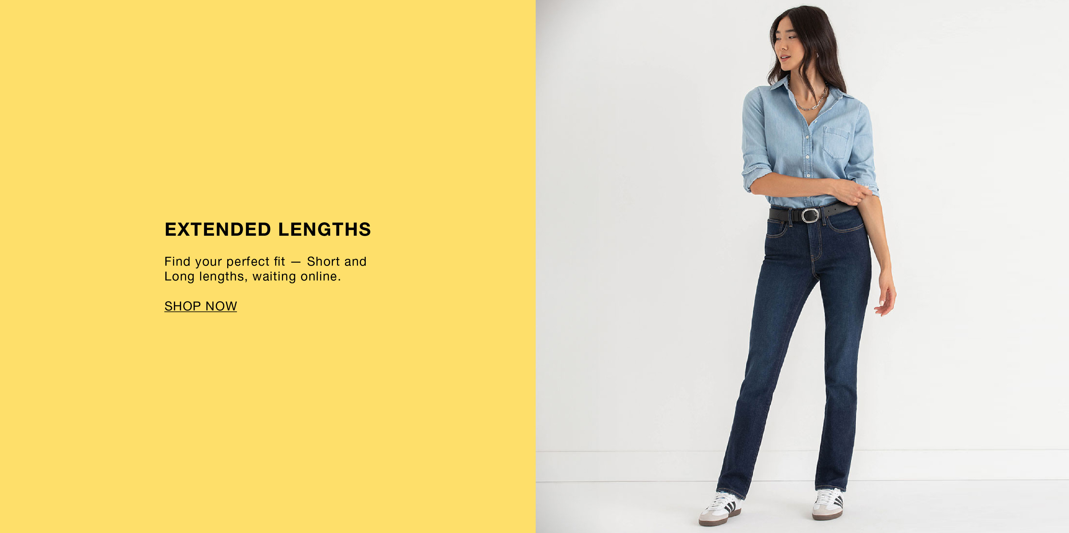 A woman in casual attire stands next to a yellow background with text.