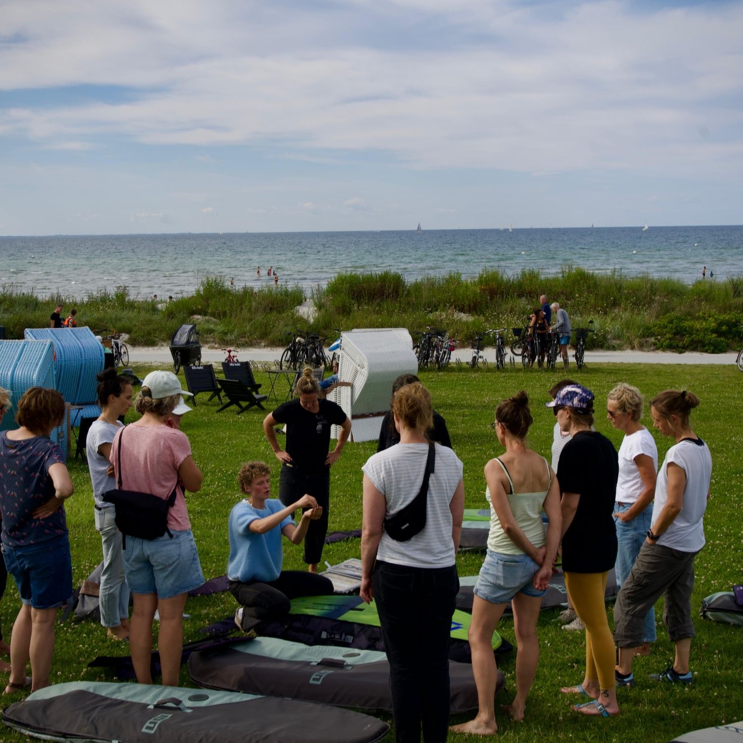 Group of people gathered on grass near the beach, discussing activities.