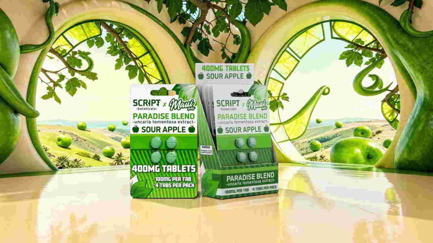 Green apple-flavored product boxes displayed in a vibrant, natural setting.