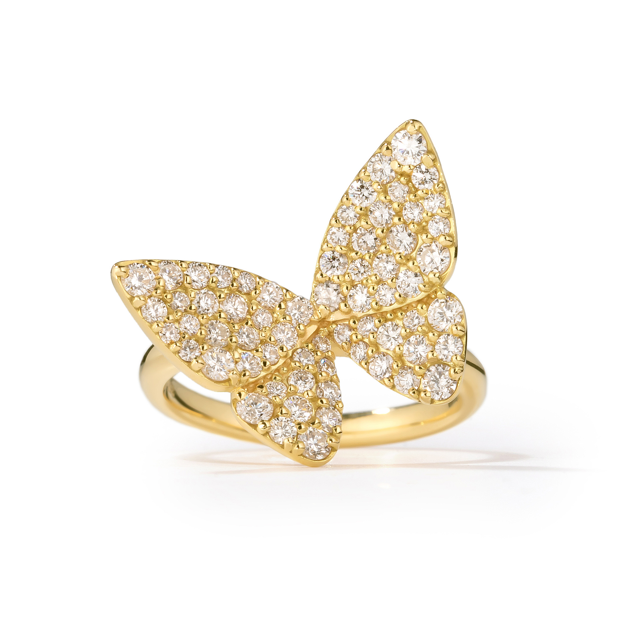 Gold butterfly ring adorned with sparkling gemstones.