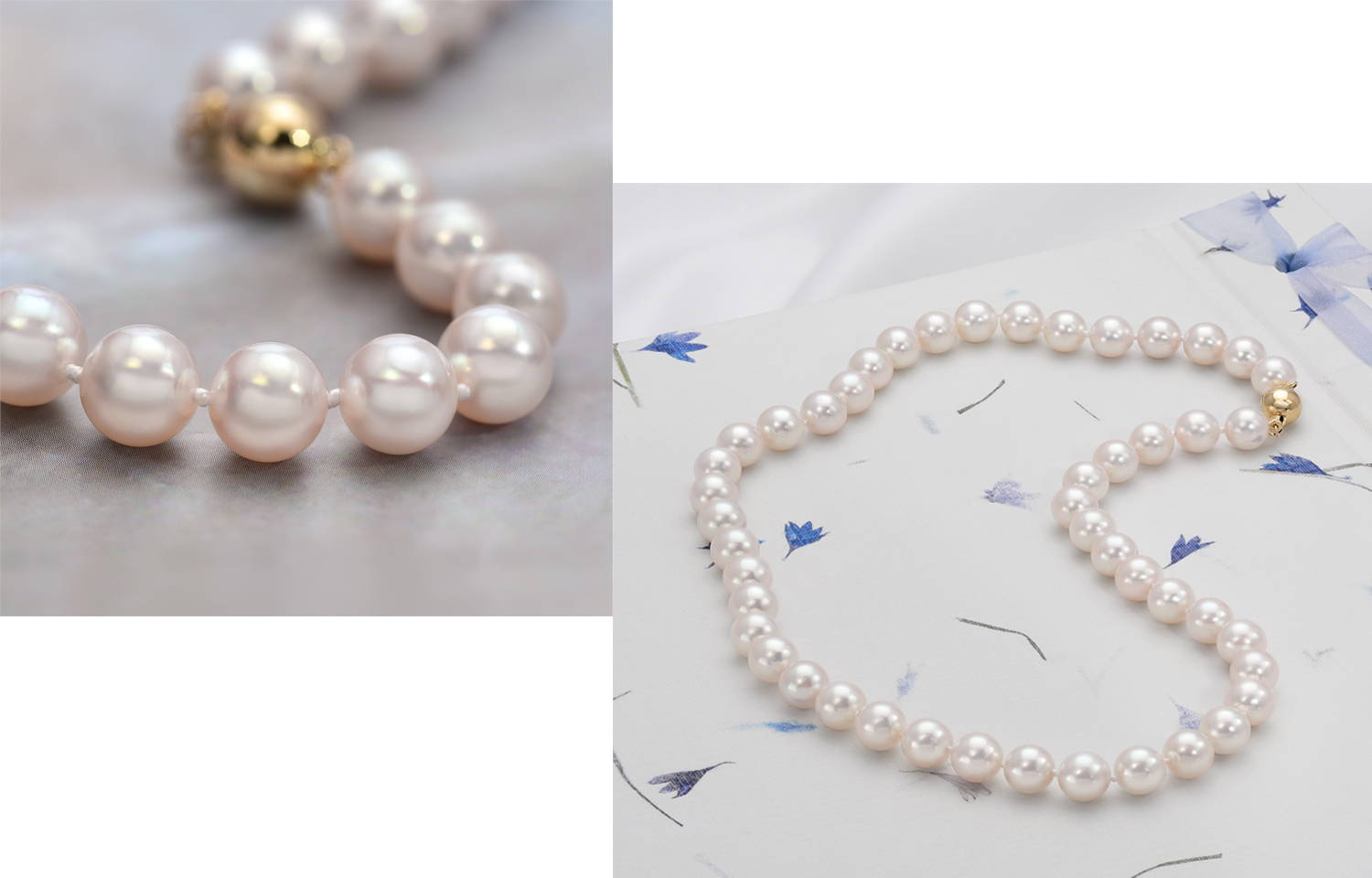 Akoya Pearl Necklaces on Flowered Background