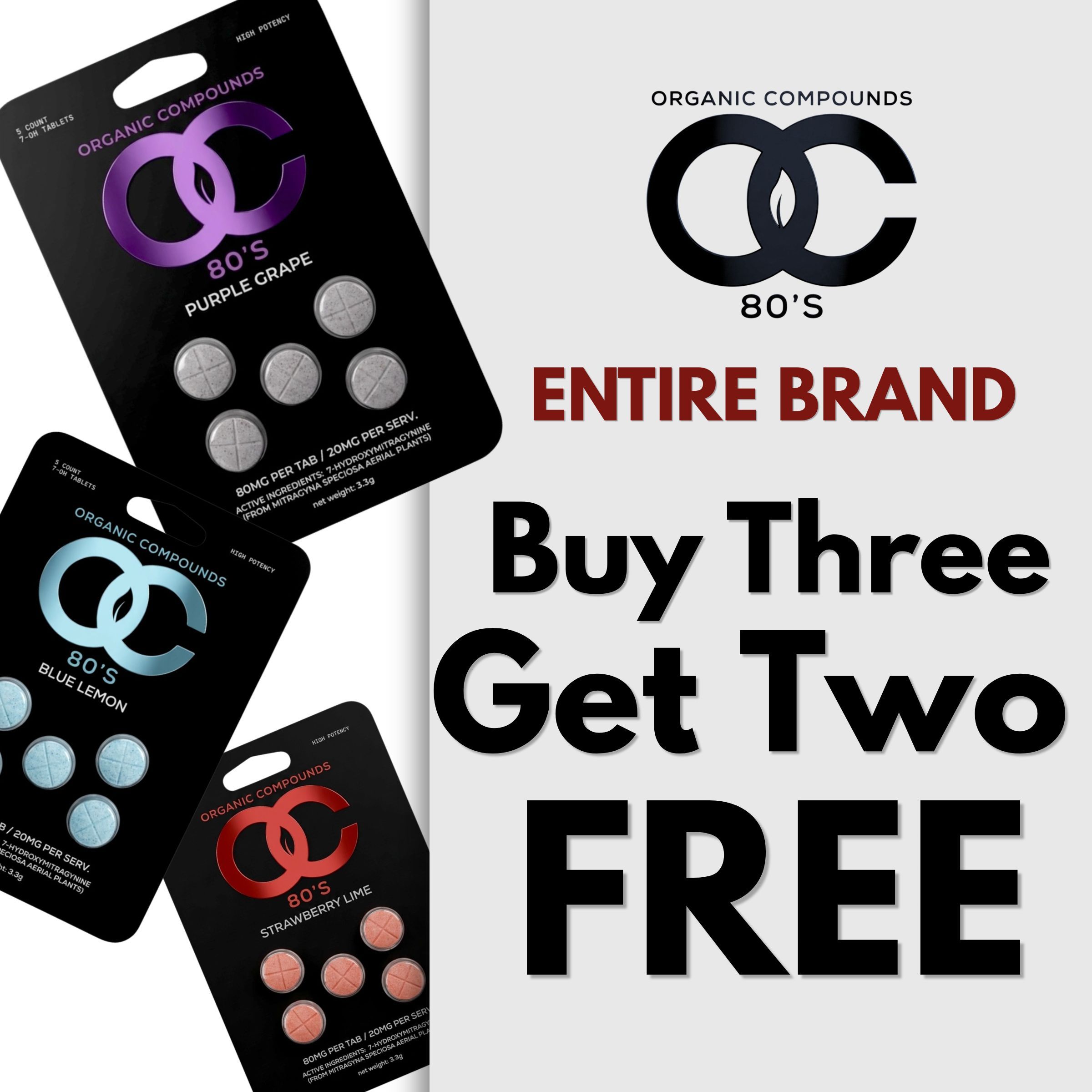 Promotional graphic for OC brand: Buy three, get two free offer.