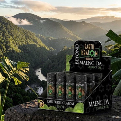 Kratom product display with mountains and river in the background.