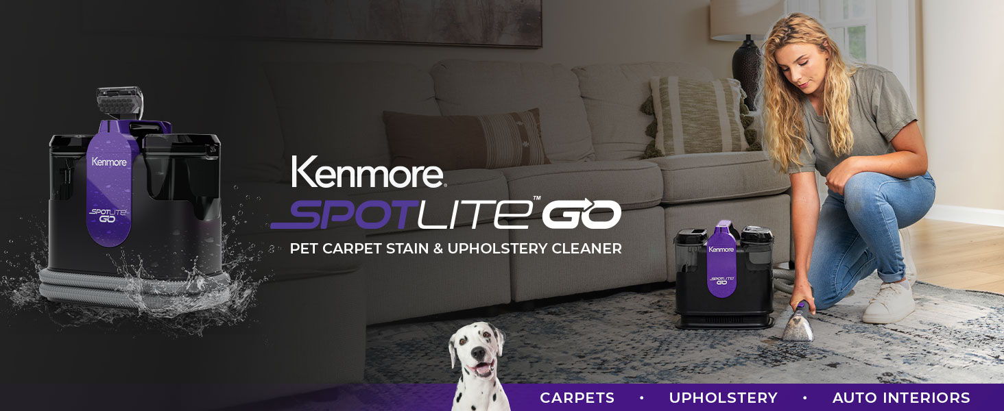 Woman using a spot cleaner on a carpet with a dog nearby.