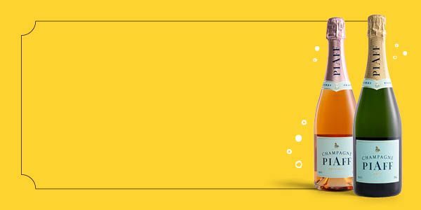 Two bottles of champagne on a yellow background.
