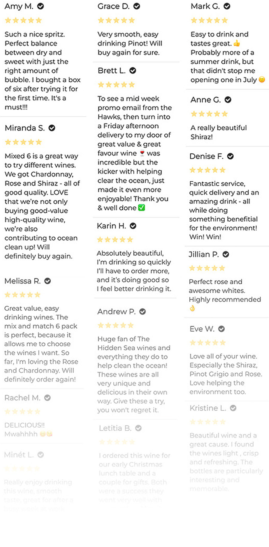 Mobile screenshot of a multi-column list of customer reviews with star ratings and names (e.g., Amy M., Grace D., Mark G., Miranda S., Brett L., Anne G.), featuring short testimonials about The Hidden Sea wine and the ocean cleanup mission; the lower portion fades out to white.