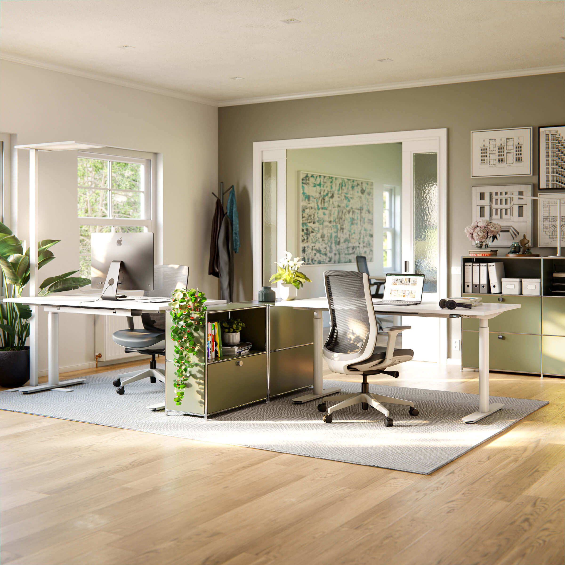 Open-plan office with two workstations, separated by two ofinto Cubox chests of drawers in olive green