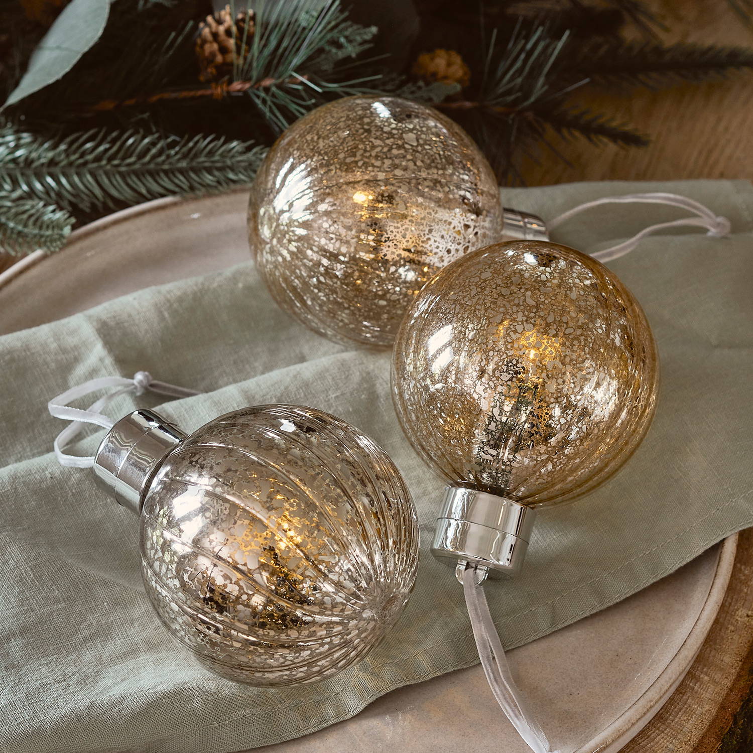 3 gold glass LED Christmas baubles