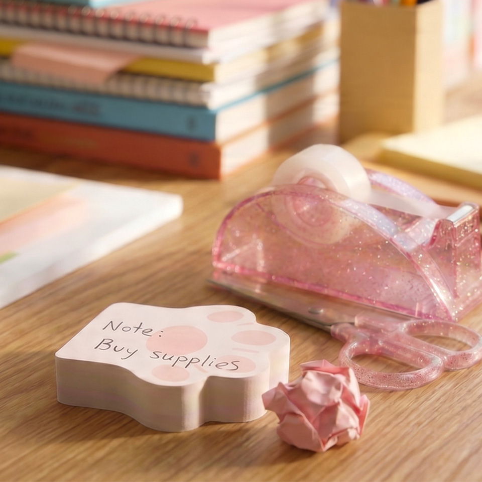 Stationery supplies on a wooden desk, including sticky notes and a pink gift bow.