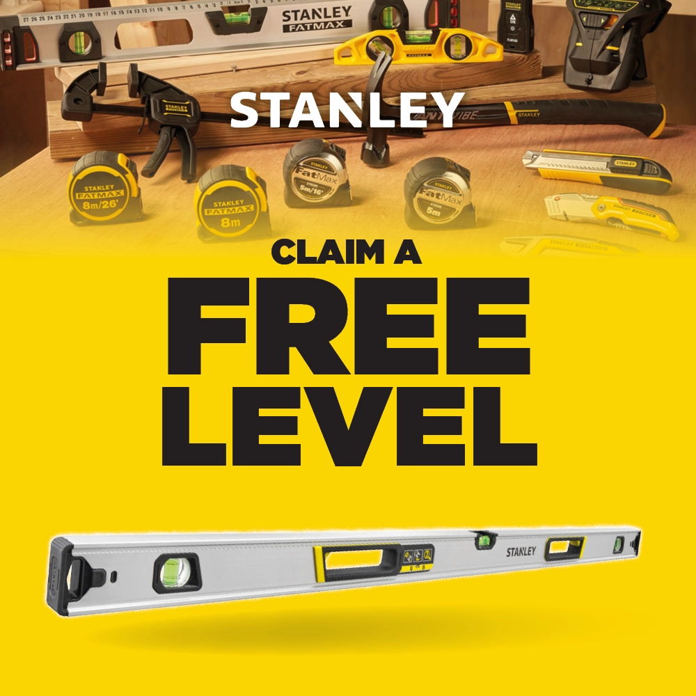 Stanley tools promotion featuring a free level offer on a yellow background.