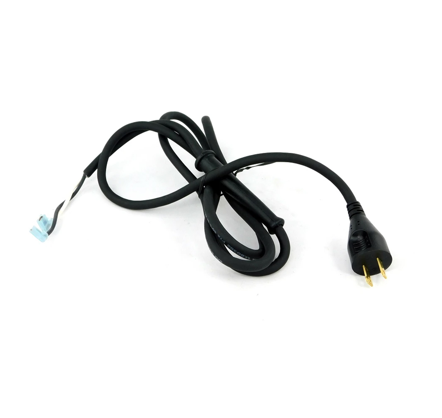 Black electrical cord with a plug and exposed wire.