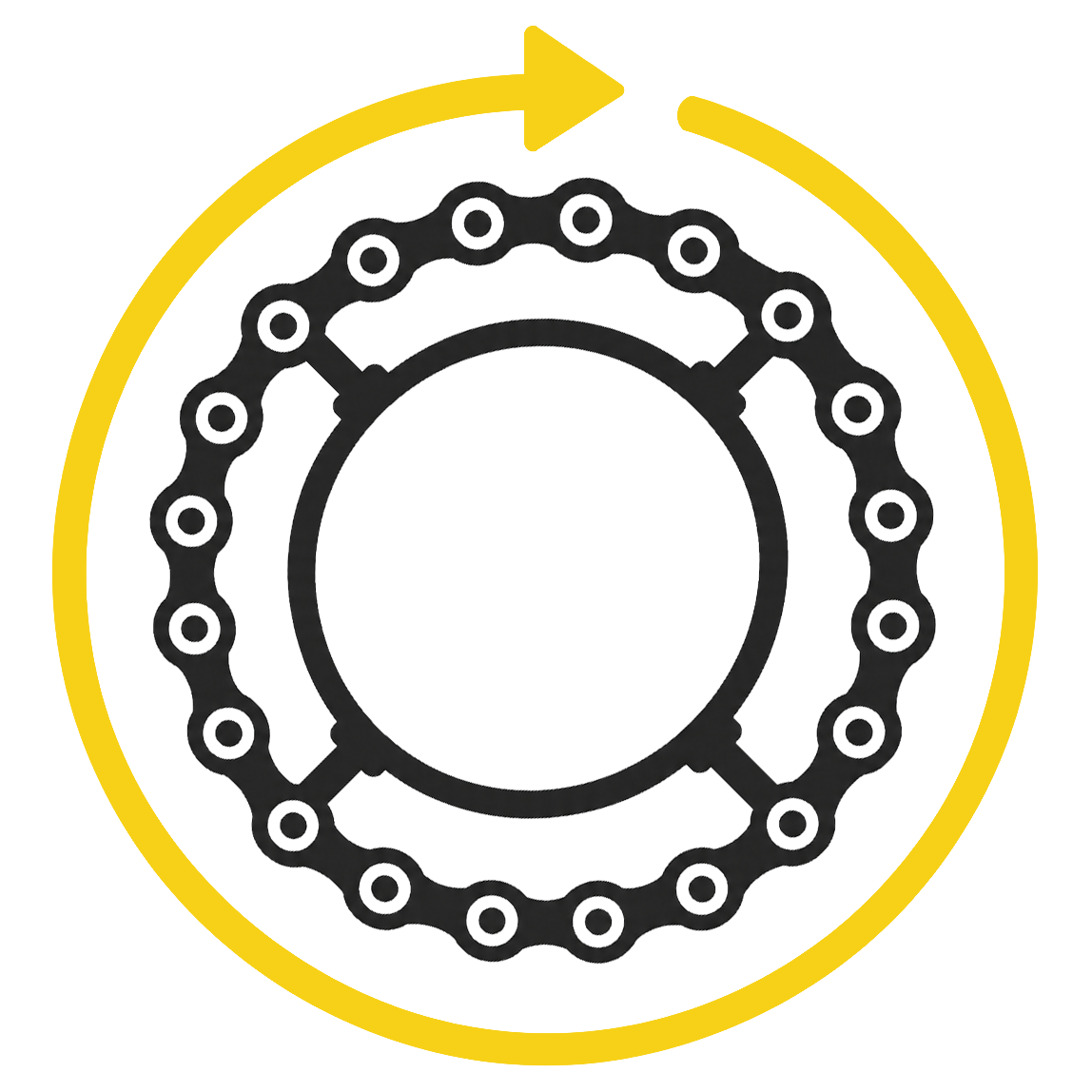 Icon of a bicycle gear with an arrow indicating rotation.
