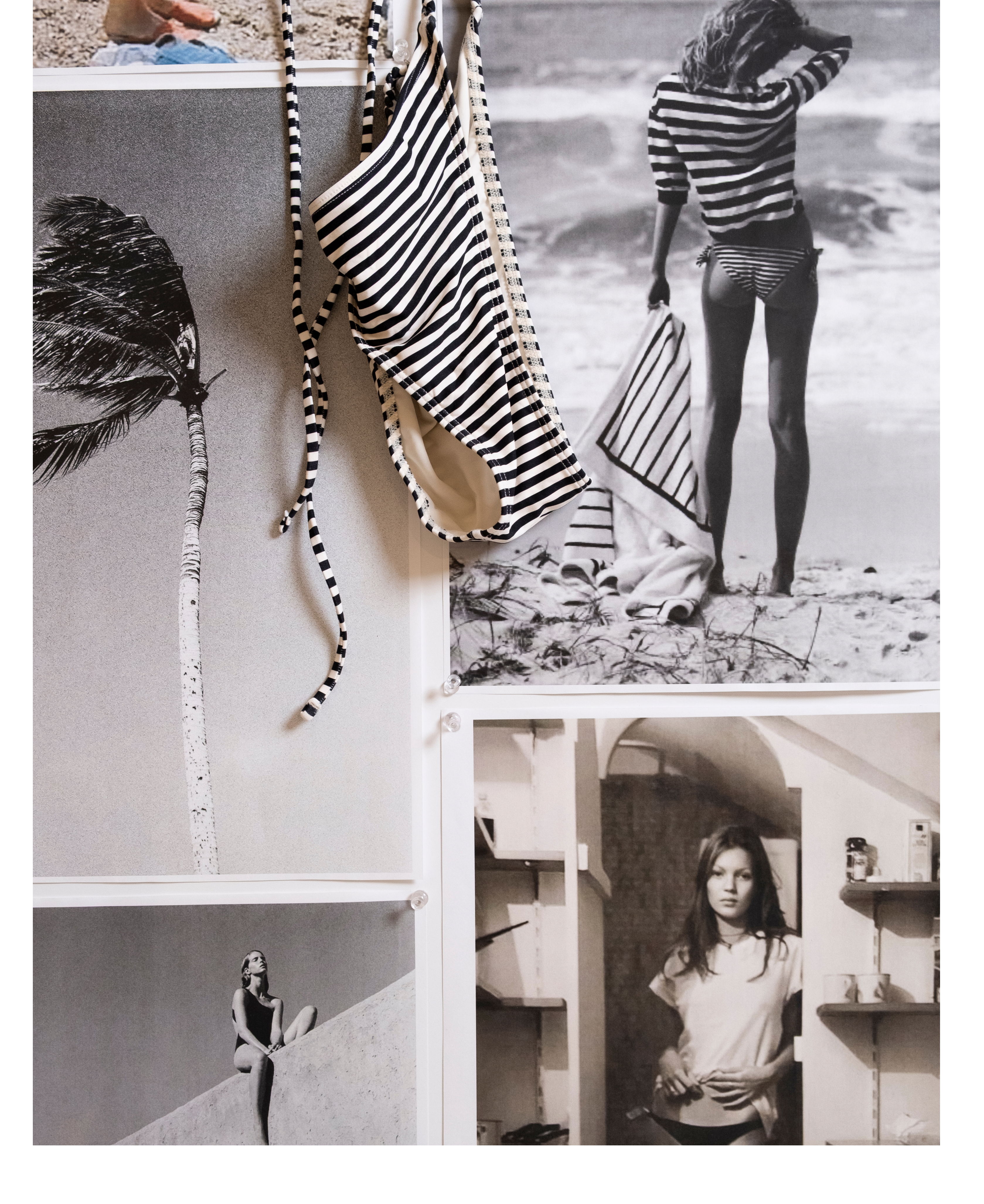 Black and white photos of women by the beach, featuring striped designs.
