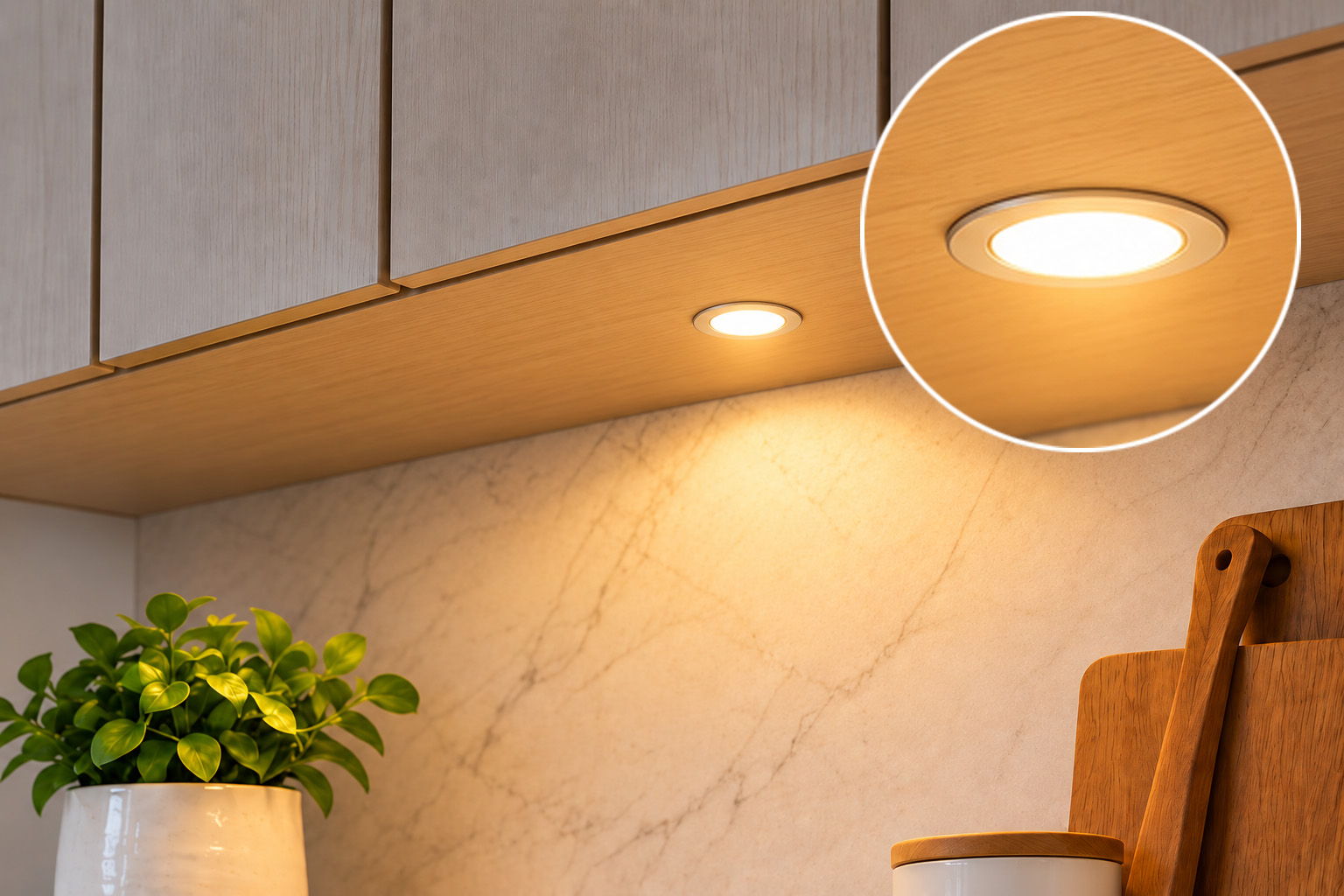 LED puck light installed inside a cabinet for focused illumination
