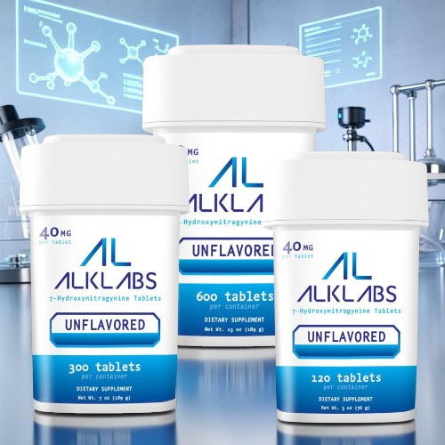 Three containers of unflavored tablets from ALKLABS on a lab background.