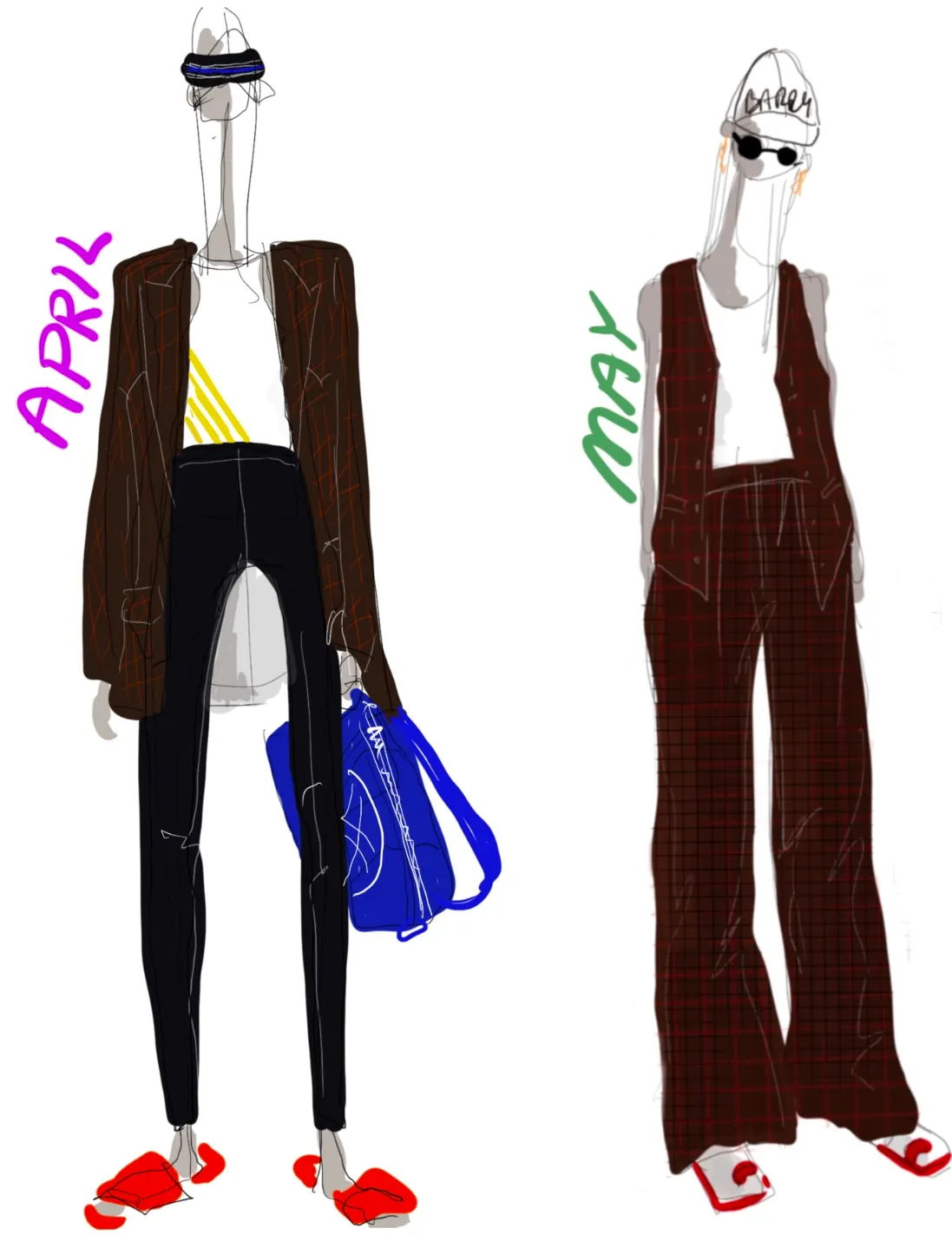 Two fashion sketches labeled 