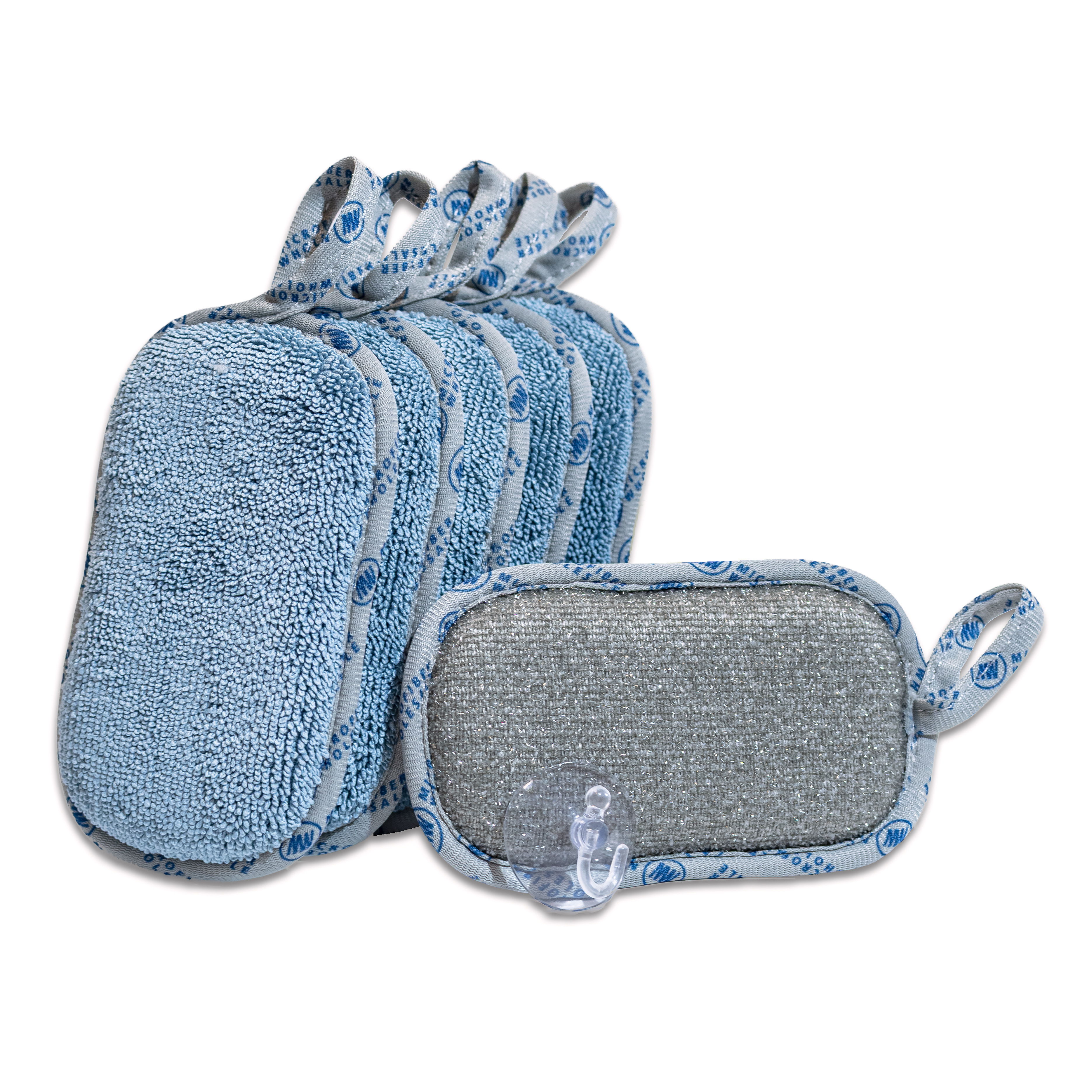 Blue storage bags with handles, varying sizes, soft fabric material.