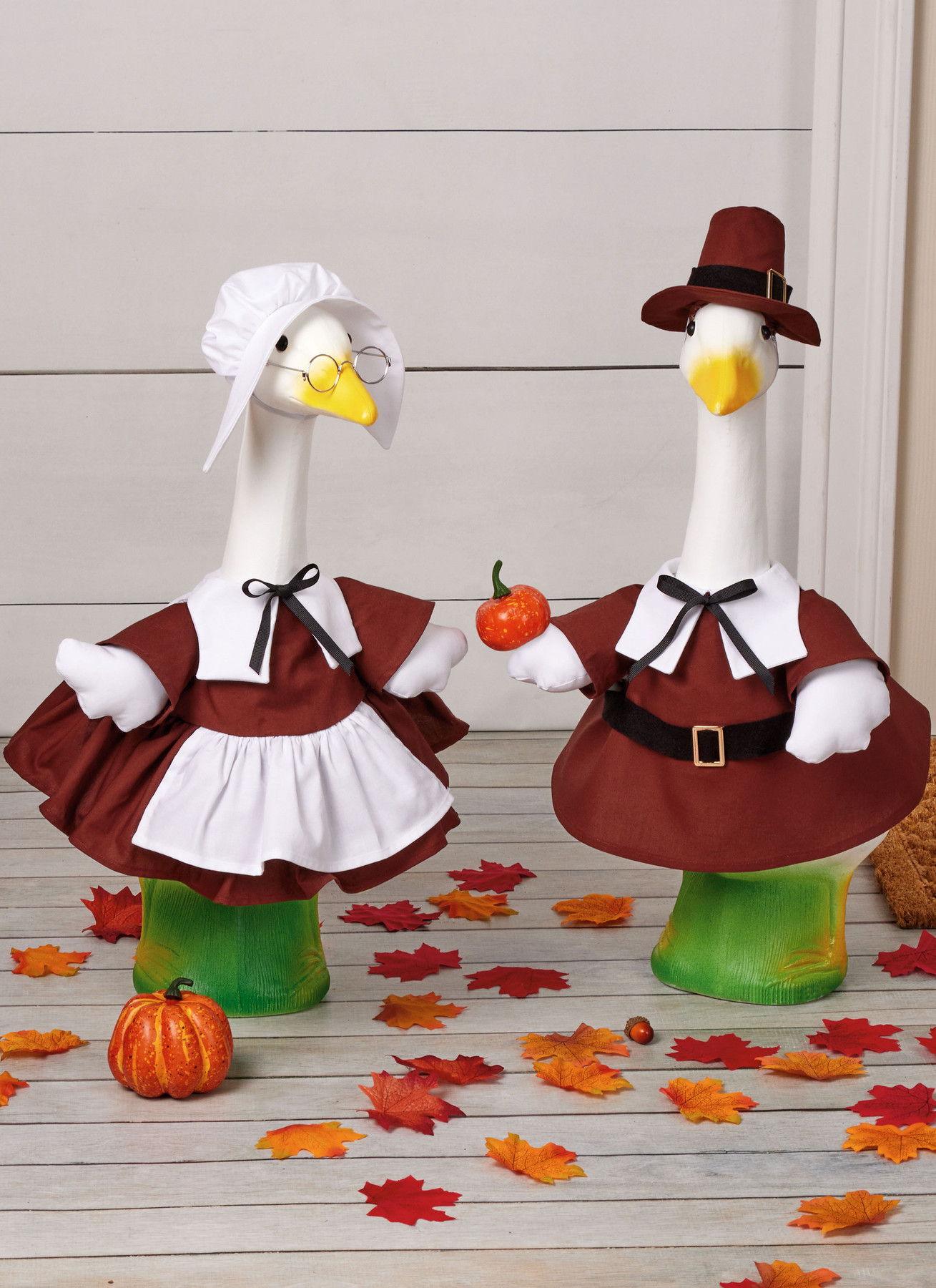 Ducks in pilgrim costumes surrounded by autumn leaves and pumpkins.