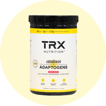TRX Nutrition Aminos Adaptogens supplement container on a light background.