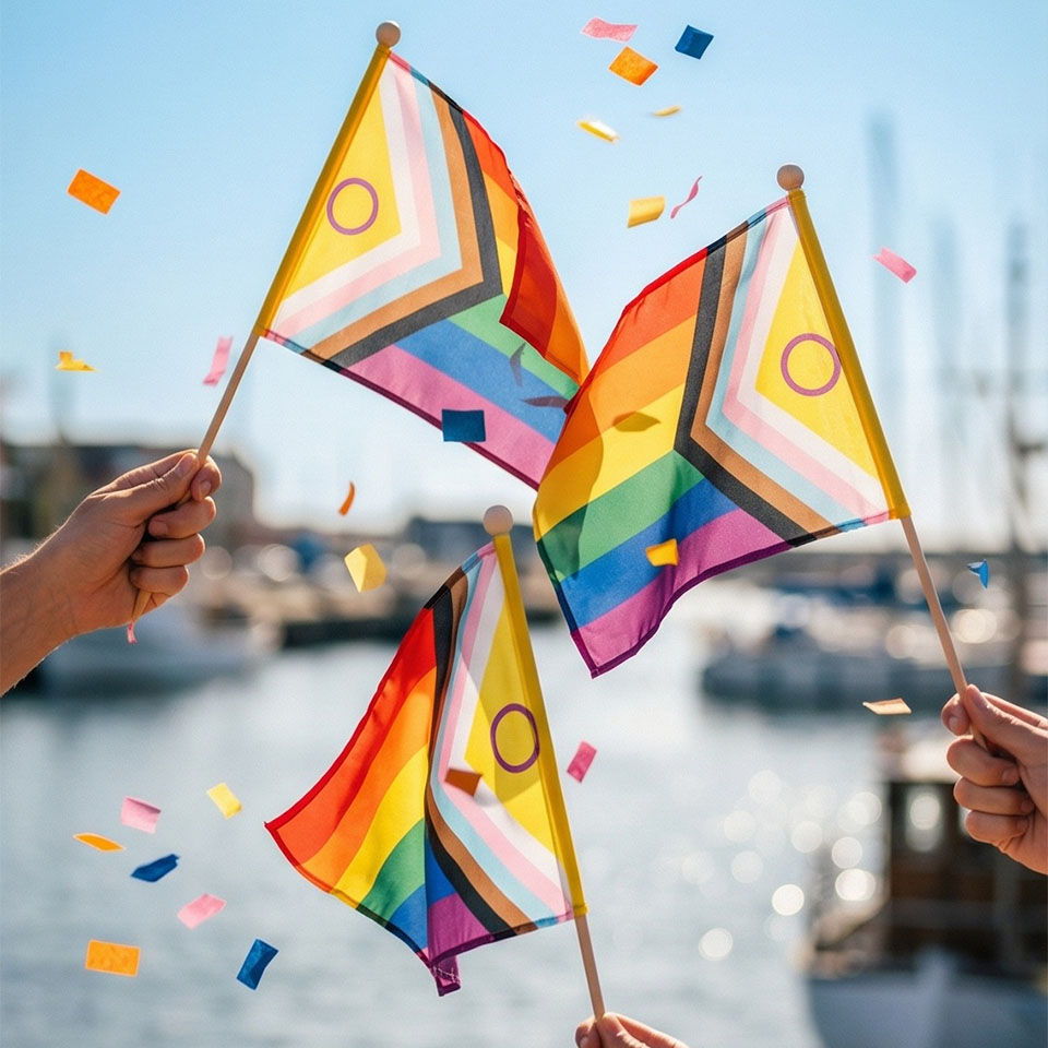 Three colorful flags waving by a waterfront, surrounded by confetti.